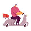Courier delivering food order in city, riding scooter between map pointers, carrying package. Vector illustration for shipping service, transport, navigation concept