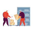 Post worker giving package to customer in post office flat vector illustration. Cartoon couriers removing boxes from handcart. Delivery service, logistics and mail shipping concept