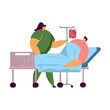 Patient lying in hospital bed with dropper. Medical care and support flat vector illustration. Healthcare, intensive therapy concept for banner, website design