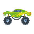 Monster car illustration. Green cartoon truck on big wheels, toys for children isolated on white. Racing, competition, automobile constructor, robotics concept