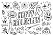 Happy Halloween coloring page with hand drawn spooky objects and pumpkins, cute Halloween coloring sheet vector illustration