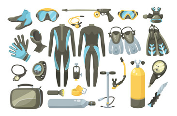 Gear for scuba diving and spearfishing vector illustrations set. Collection of diving equipment, mask, flippers, suit, oxygen tank, gloves isolated on white background. Diving, water sports concept