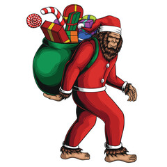 Wall Mural - Bigfoot walking costume santa carry gift bag vector illustration 