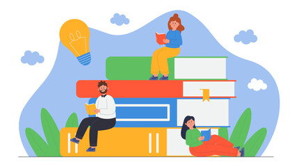 Wall Mural - Tiny book lovers sitting on huge books flat vector illustration. Students reading textbooks. Girls and boy studying together. Bookworms devoting time to study. Hobby, education concept