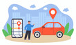 Man renting car using mobile app flat vector illustration. Male person near smartphone with map and location marks on its screen, searching for transfer. Carsharing, transport concept