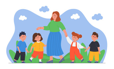 Wall Mural - Female teacher walking with kids flat vector illustration. Joyful young pupils holding adults hand. Boys and girls talking and having fun in summer park. Pedagogy, education, kindergarten concept