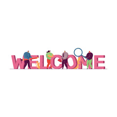 Team of people welcoming new member. Happy office workers with huge word flat vector illustration. Welcome, teamwork, celebration concept for banner, website design or landing