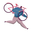 Cartoon man in mask stealing bicycle. Flat vector illustration. Thief holding pink bike, running away, committing crime. Bike theft, law break, criminal concept for banner design or landing page