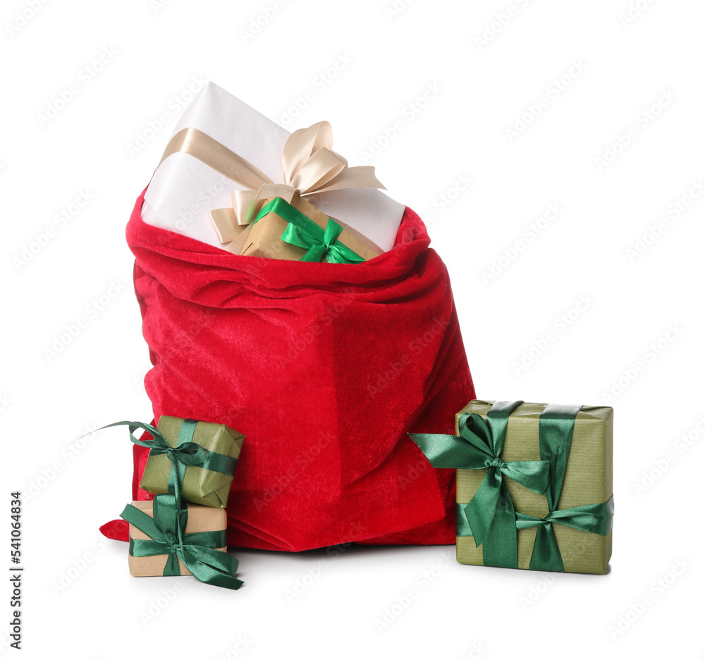 Santa Claus bag with gifts isolated on white background