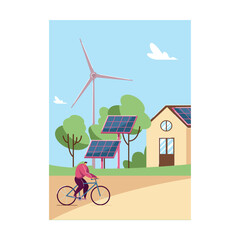 Wall Mural - Man on bike in front of house with solar panels on roof. Windmills, eco friendly car in village flat vector illustration. Sustainable energy, smart technology concept for banner, website design