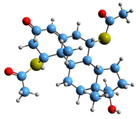 Poster -  3D image of Tiomesterone skeletal formula - molecular chemical structure of  anabolic-androgenic steroid isolated on white background