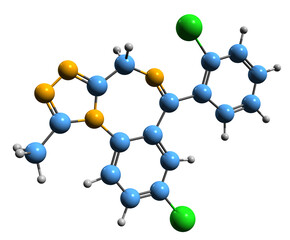 Wall Mural -  3D image of Triazolam skeletal formula - molecular chemical structure of central nervous system depressant isolated on white background