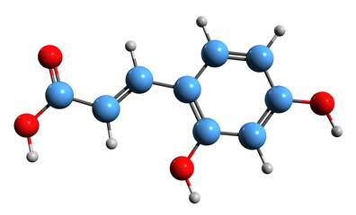 Sticker -  3D image of Umbellic acid skeletal formula - molecular chemical structure of Dihydroxycinnamic acid isolated on white background