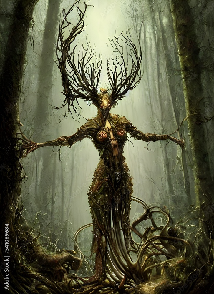 spirit of nature with biomechanical antlers. dystopian forest environment.  forests monster. scary, creepy, 3d illustration Stock Illustration | Adobe  Stock