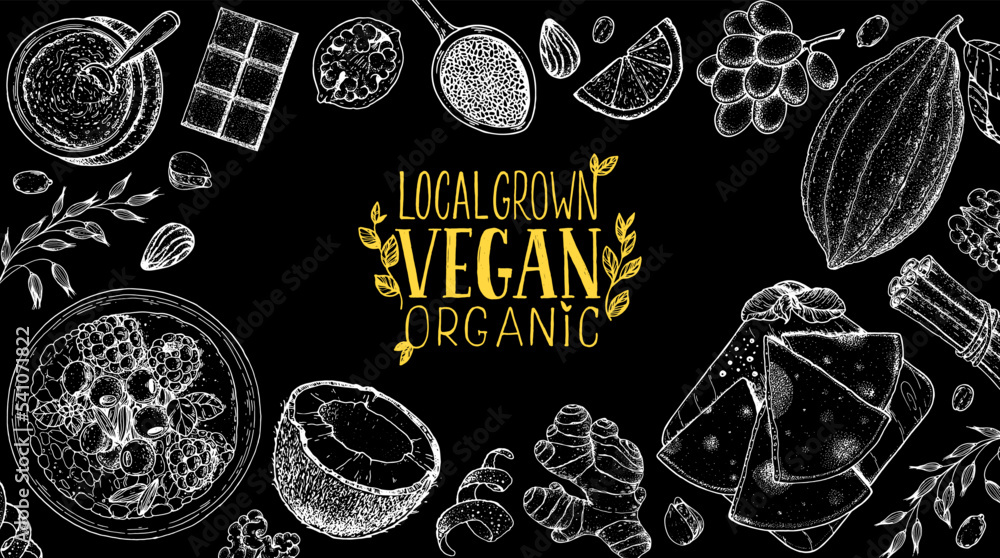 Vegan food frame. Hand drawn vector illustration. Menu design template ...