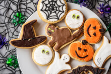Halloween Dessert Sweet Baked Trick Or Treat Cookies, Cake, Bisquits Shaped Pumpkin, Ghost, With, 