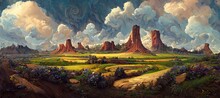 Awe Inspiring Sandstone Butte Pillar Rock Formations, Ancient Inscribed Canyon Valley Monolithic Arches And Cliffs - Wild Flowers And Majestic Epic Surreal Turbulent Storm Clouds. 
