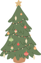 Christmas Tree With Decoration And Lights Isolated On White Background. New Year Holidays. Flat Vector Illustration.