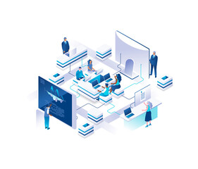 Aufkleber - Business meeting isometric landing page. Concept with group of clerks or employees sitting around table at office and standing at giant computer screens or control panels. Illustration for website.