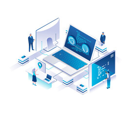 Aufkleber - Business coaching isometric landing page. Concept of career development seminar, training or educational course with tiny people working on computers around giant laptop. Illustration for website.