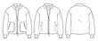 Faux Fur Bomber Jacket technical fashion Illustration. Zipper Jacket technical drawing template, rib collar and cuffs, leather pockets, front and back view, white, women, men, unisex CAD mockup set.
