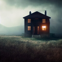 gloomy landscape with a house at night