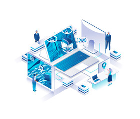 Aufkleber - Internet drone delivery service isometric landing page. Concept with tiny people working around giant laptop with map on screen and quadcopter with parcel or package. Illustration for website.
