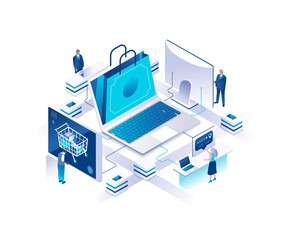 Aufkleber - Internet or online shopping, digital retail service isomeric landing page. Concept with tiny people or customers making orders on web store or shop. Illustration for website.