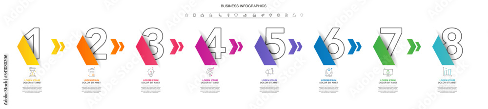 Vector timeline infographics with eight steps, icons, flowchart ...