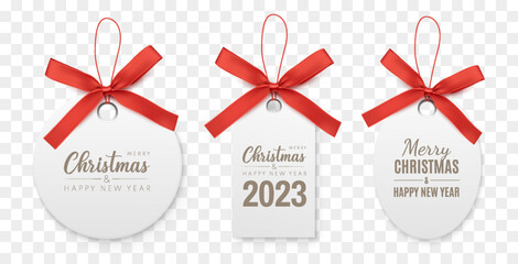 Wall Mural - merry christmas and happy new year label. different shape tags with red ribbon. vector illustration