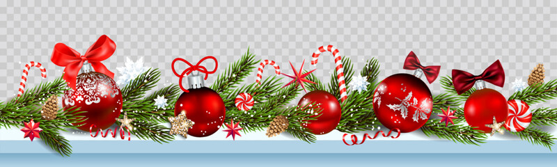 Wall Mural - red baubles and pine branches