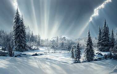 Beautiful winter landscape.  Majestic white spruces glowing by sunlight. Picturesque and gorgeous wintry scene. 