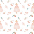 Seamless pattern of watercolor fairy tale princess elements (princess dress and accessories), illustration on a white background