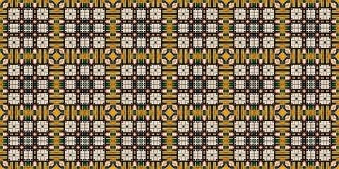 Wall Mural - Traditional tile mosaic seamless border pattern print. Fabric effect mexican patchwork damask edging trim. Square shape symmetrical background textile ribbon . Creative colourful graphic design banner