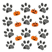 Doodle Black Paw Prints With Funny Pumpkins. Happy Halloween Card Background