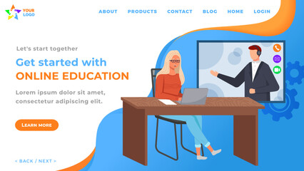 Wall Mural - Get started with online education concept. Woman studying via online video call meeting. Creative idea with training service. Notebook innovation and support. Girl learning with educational courses