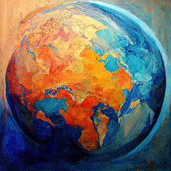 planet earth painting in oil paint on wood, abstract and vibrant