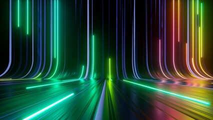 3d render, abstract background with colorful neon lines. Modern wallpaper