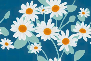 Seamless pattern with happy daisy cartoons and hand written font on blue background 2d illustration illustration. Cute positive floral wallpaper.