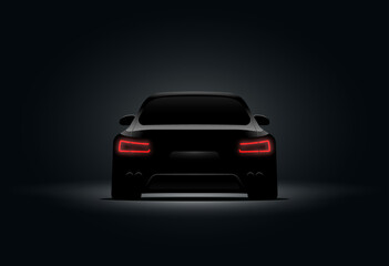 Back car light brake red vector design in black background. 3d car realistic dark design night illustration.
