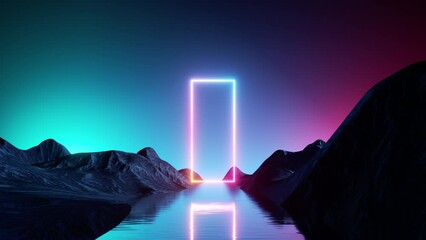 Wall Mural - looping 3d animation. moving forward, boat trip along the river towards the glowing neon rectangular