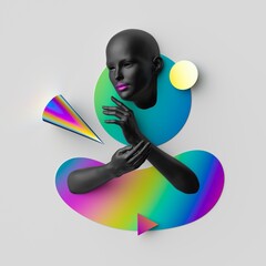 3d render, abstract geometric collage with black female mannequin. Bald head, hands and abstract gradient shapes