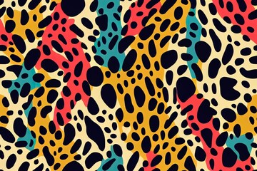 Poster - Animal skin print in rainbow colors, 90s style. Colorful leopard spot seamless pattern design. Abstract blob, rosettes texture. Bold summer 2d illustration illustration for surface wrapping, fun