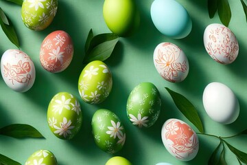 Poster - Green easter eggs, leaves and flowers. Seamless festive spring pattern. Happy and positive wrapping or background for your holiday goods.