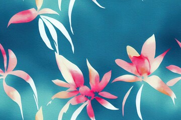 Poster - Transparent tropical seamless pattern. Abstract floral creative background with palm leaves in turquoise blue and pink color. Watercolor art for trendy surface design, fabric, gift wrapping, wallpaper