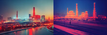 Cyberpunk Factory City, Moscow Skyline At Sunset, Neon Lights, Collection
