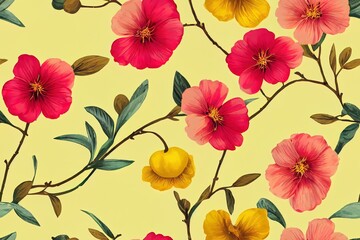 Sticker - Floral seamless pattern, Japanese quince flowers on yellow, pastel vintage theme