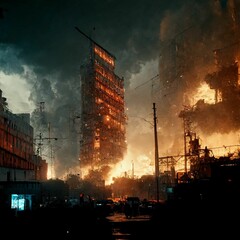 Wall Mural - AI-generated art of a post-apocalyptic city with burning buildings and trees