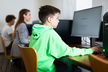 Wall Mural - Smart focused tween boy studying with classmates in modern computer lab at school..