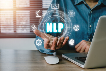 nlp natural language processing cognitive computing technology concept, business person hand holding